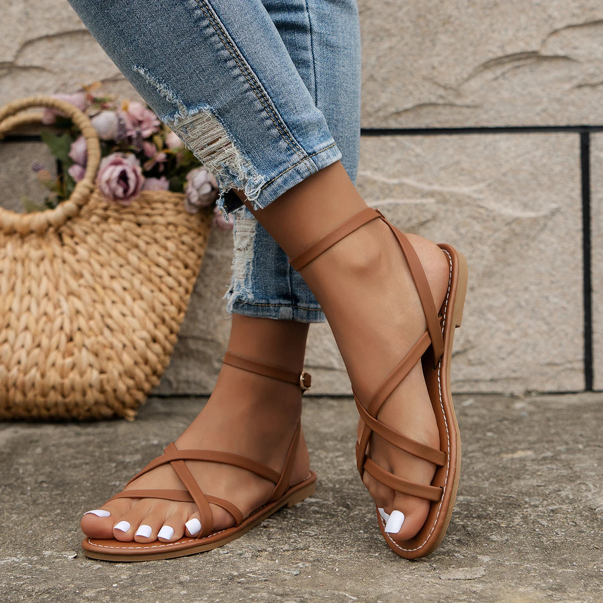Comfortable Flat Sandals for Women Ankle-Strap Crisscross