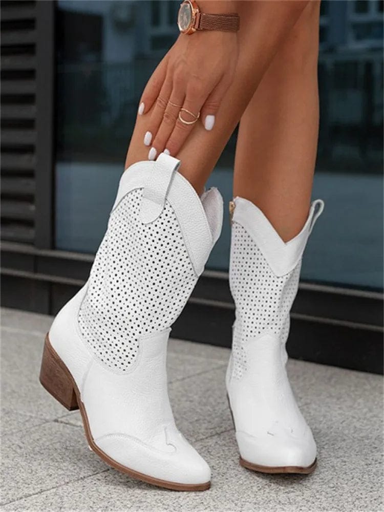Stylish Cowboy Boots for Women Perforated Suede Block-Heel