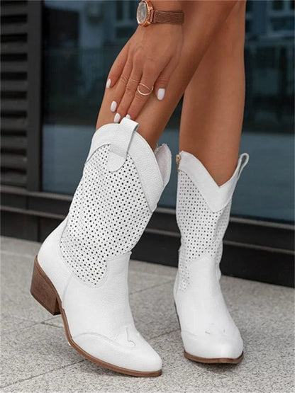 Stylish Cowboy Boots for Women Perforated Suede Block-Heel