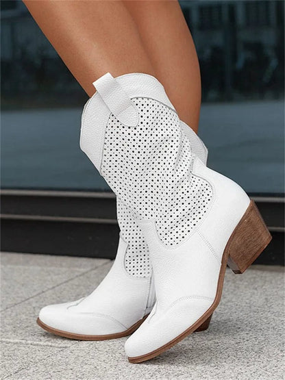 Stylish Cowboy Boots for Women Perforated Suede Block-Heel