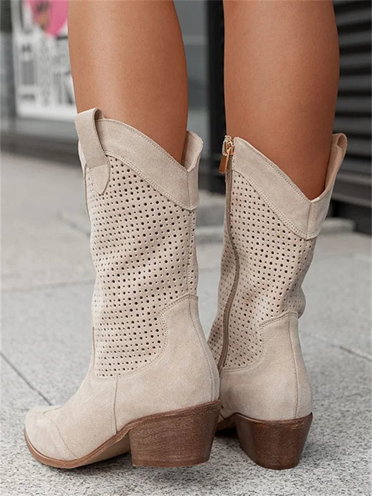 Stylish Cowboy Boots for Women Perforated Suede Block-Heel
