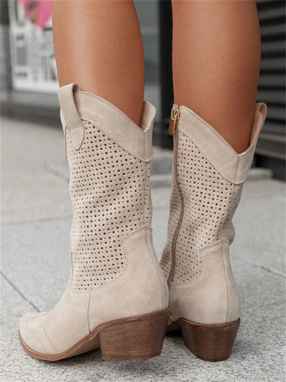 Stylish Cowboy Boots for Women Perforated Suede Block-Heel
