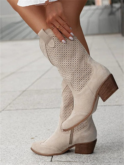 Stylish Cowboy Boots for Women Perforated Suede Block-Heel