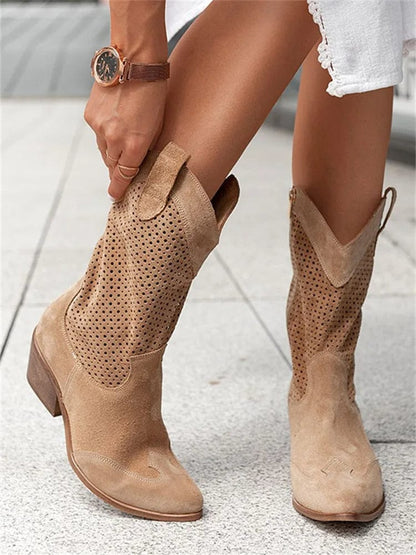 Stylish Cowboy Boots for Women Perforated Suede Block-Heel