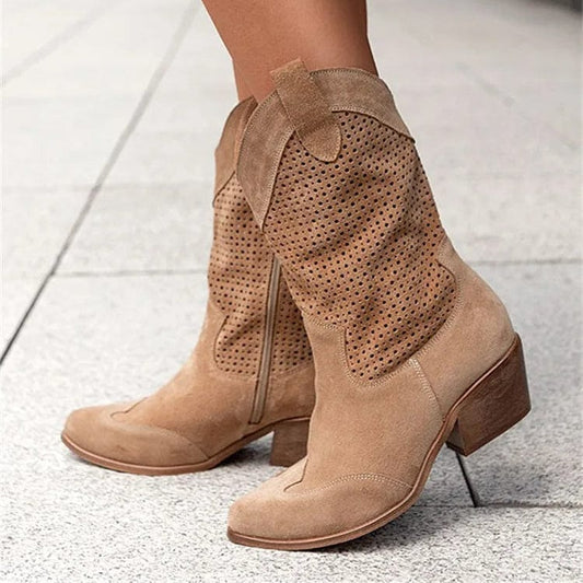 Stylish Cowboy Boots for Women Perforated Suede Block-Heel