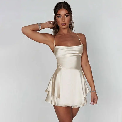 Elegant Mini Dress for Women Satin V-Neck Pleated