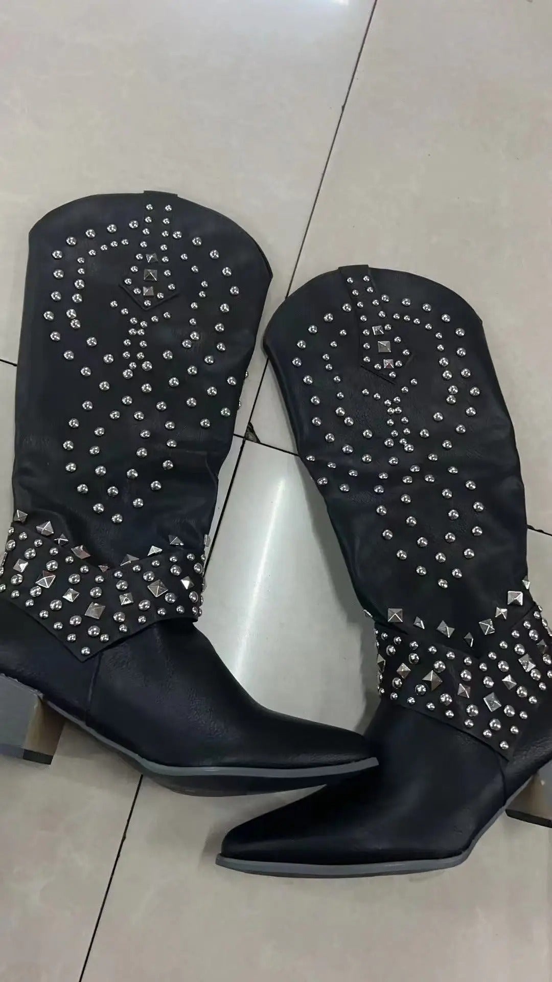 Stylish Knee-High Boots for Women Studded Western Pointed-Toe