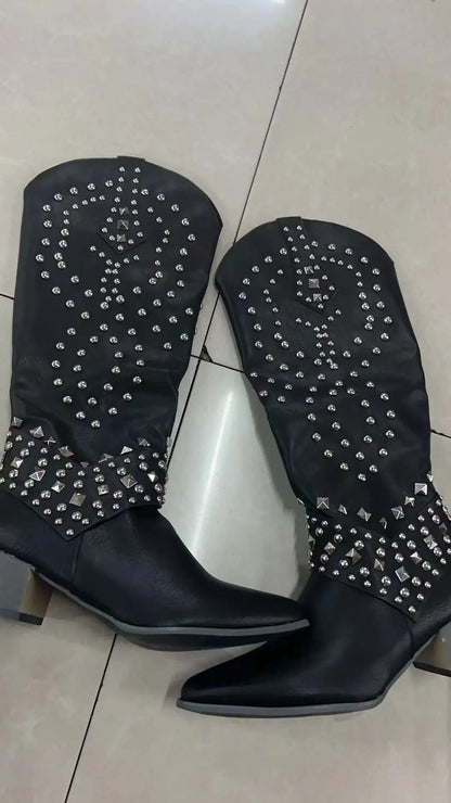 Stylish Knee-High Boots for Women Studded Western Pointed-Toe