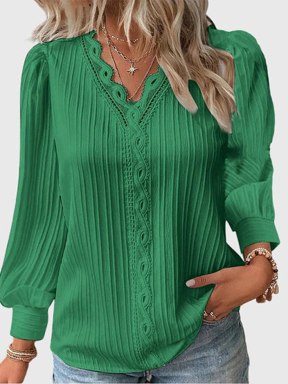 Elegant Blouse for Women Crochet-Trim Long-Sleeve V-Neck