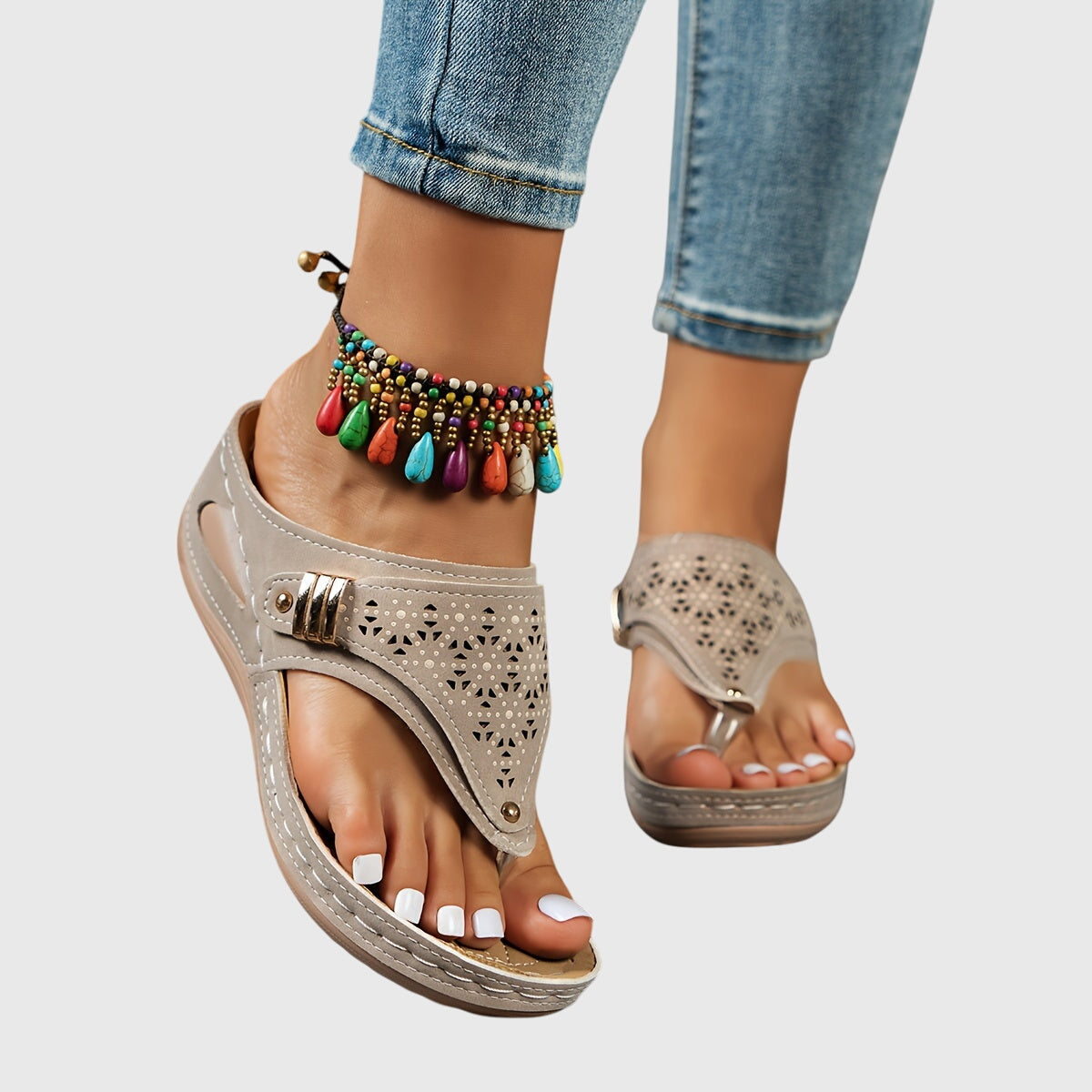 Comfortable Thong Sandals for Women Perforated Buckle Wedge