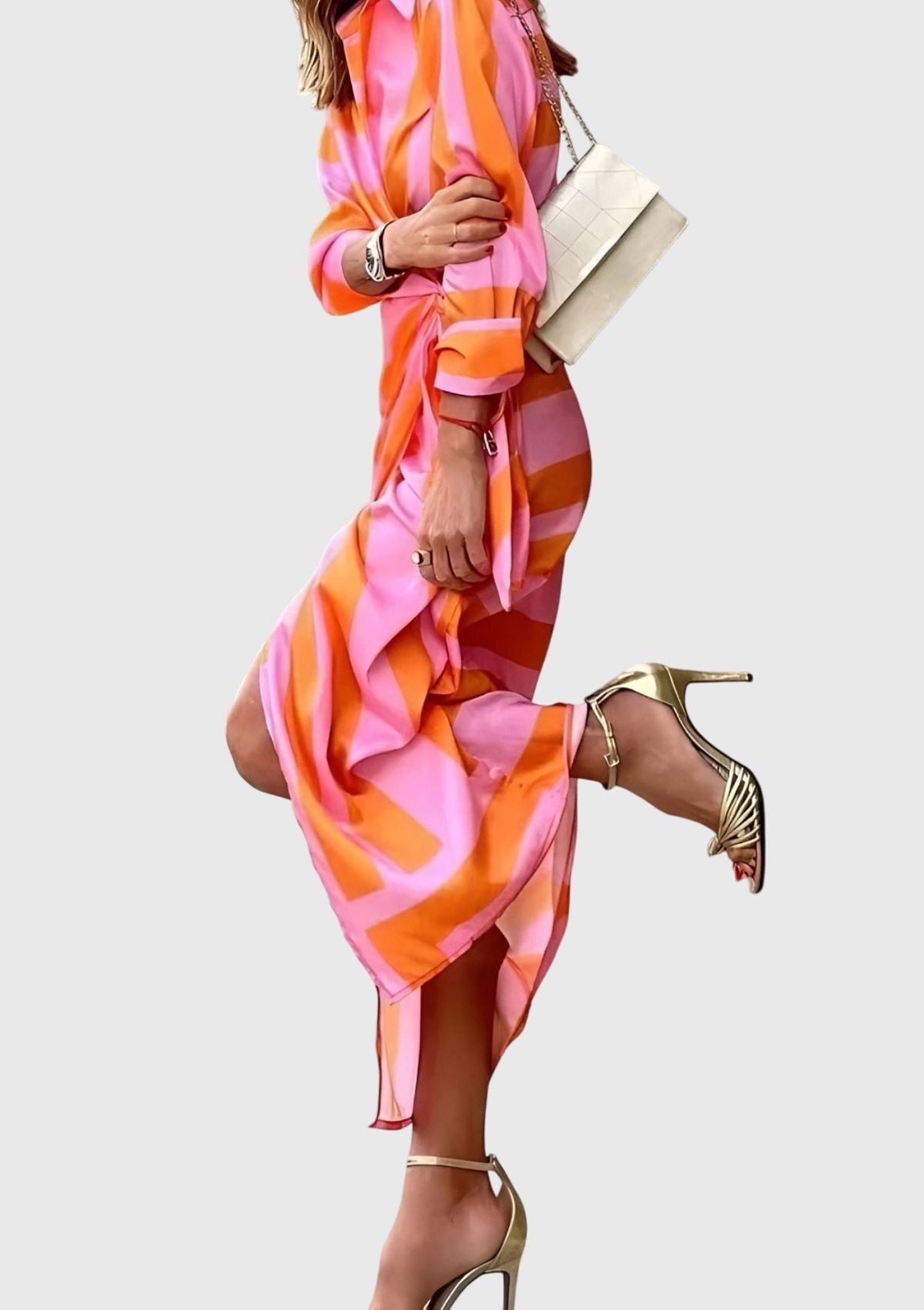 Elegant Wrap Dress for Women Collared Long-Sleeve Geometric-Print