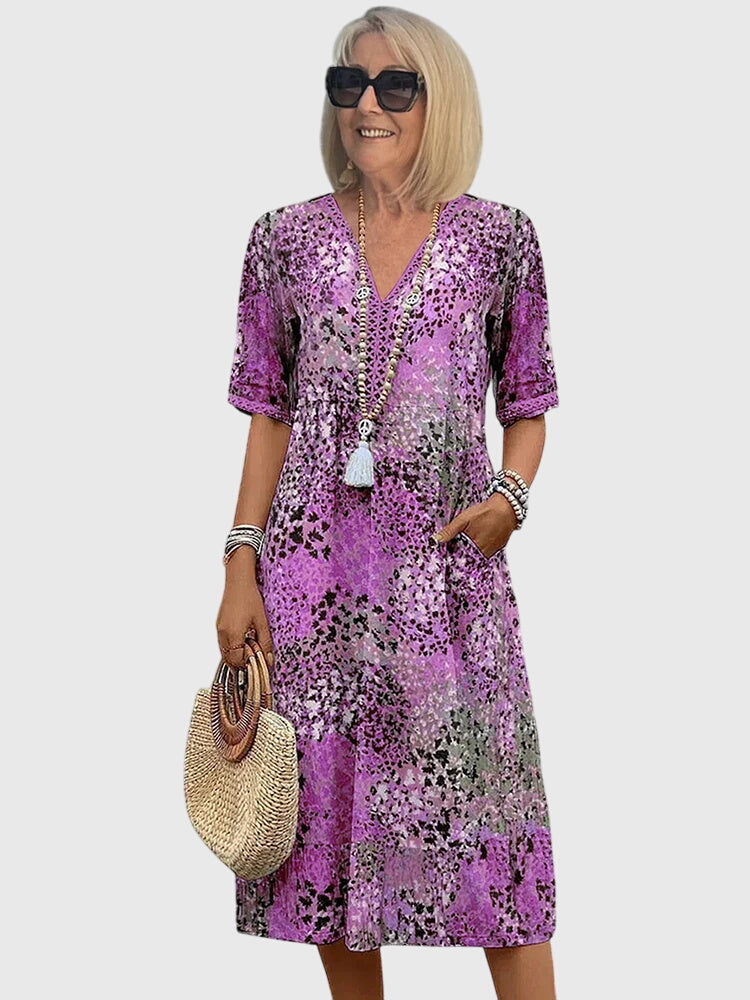 Elegant Midi Dress for Women Floral-Print V-Neck