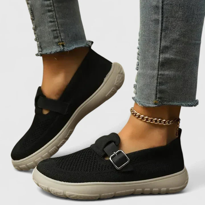 Comfortable Slip-On Sneakers for Women Knit Buckle-Strap
