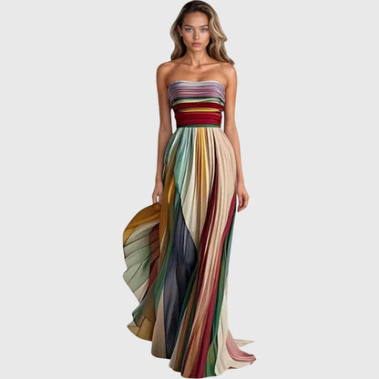 Elegant Maxi Dress for Women Strapless Colorblock Pleated