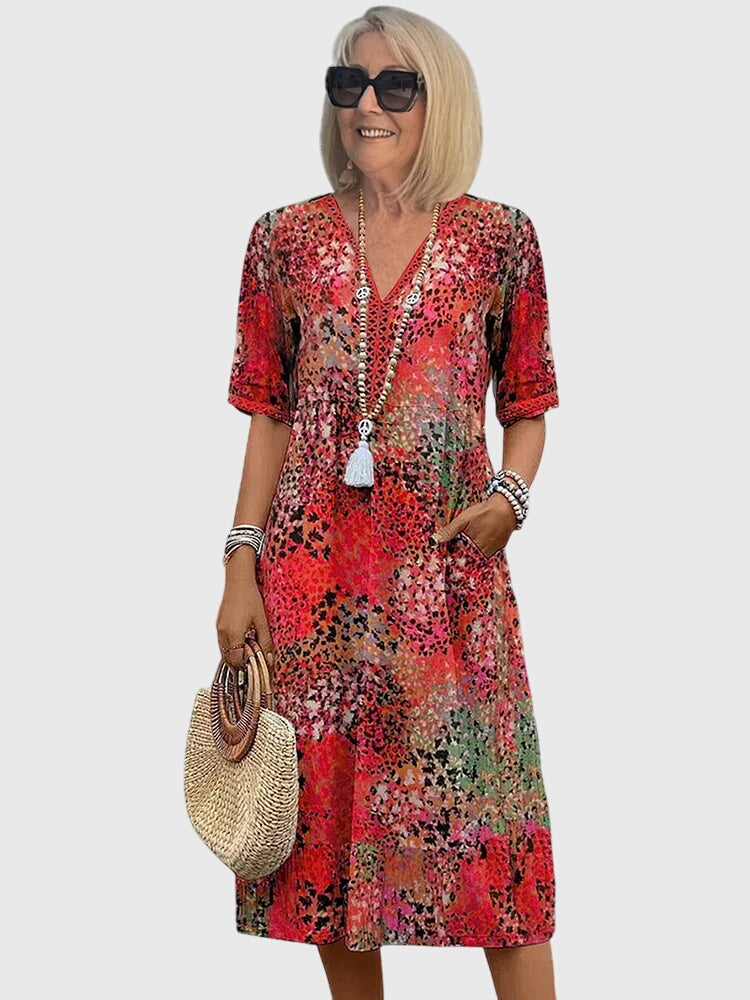 Elegant Midi Dress for Women Floral-Print V-Neck