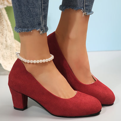 Elegant Pumps for Women Block-Heel Round-Toe Suede