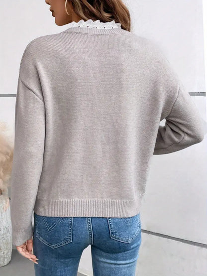 Elegant Sweater for Women Lace-Trim V-Neck Long-Sleeve