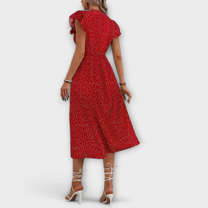 Elegant A-Line Dress for Women Polka-Dot Button-Front Flutter-Sleeve
