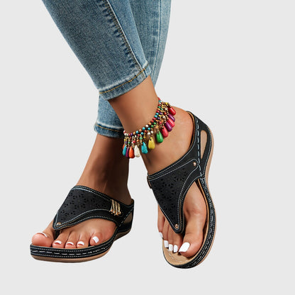Comfortable Thong Sandals for Women Perforated Buckle Wedge