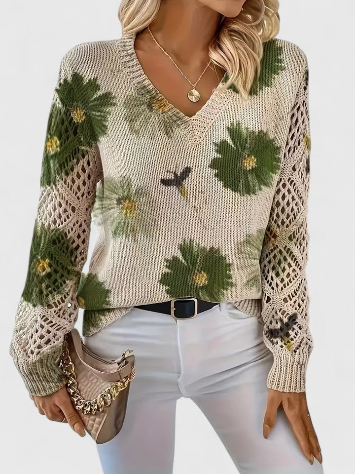 Elegant Pullover Sweater for Women V-Neck Floral-Crochet