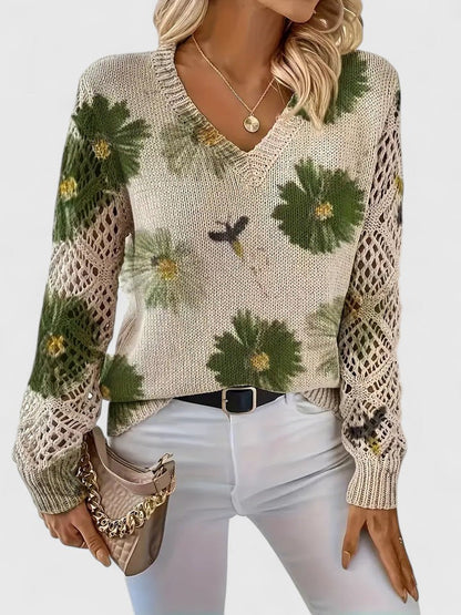 Elegant Pullover Sweater for Women V-Neck Floral-Crochet