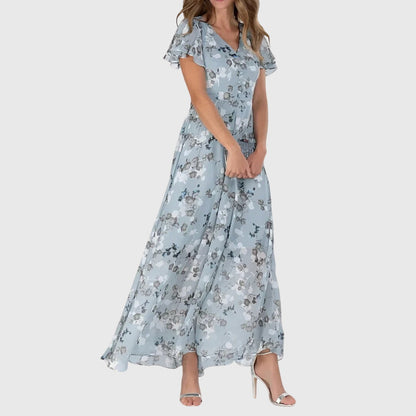 Elegant Maxi Dress for Women Ruffle-Sleeve Floral-Print