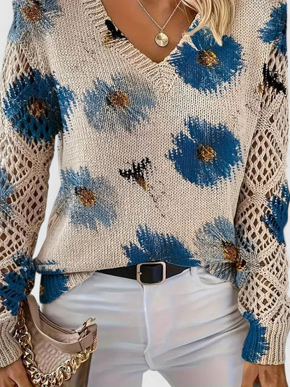 Elegant Pullover Sweater for Women V-Neck Floral-Crochet