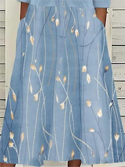 Effortless Floral Midi Dress for Women Three-Quarter-Sleeve Casual