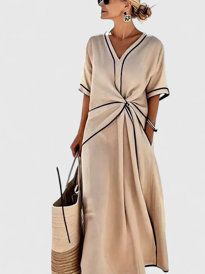 Elegant Kaftan Dress for Women V-Neck Contrast-Trim