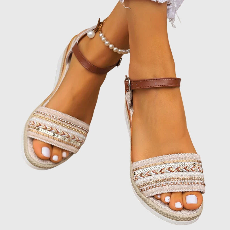 Comfortable Wedge Sandals for Women Embroidered Ankle-Strap Espadrille