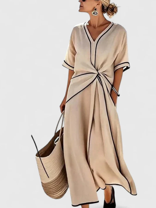 Elegant Kaftan Dress for Women V-Neck Contrast-Trim