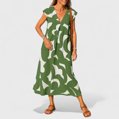 Elegant Maxi Dress for Women V-Neck Sleeveless Geometric-Print