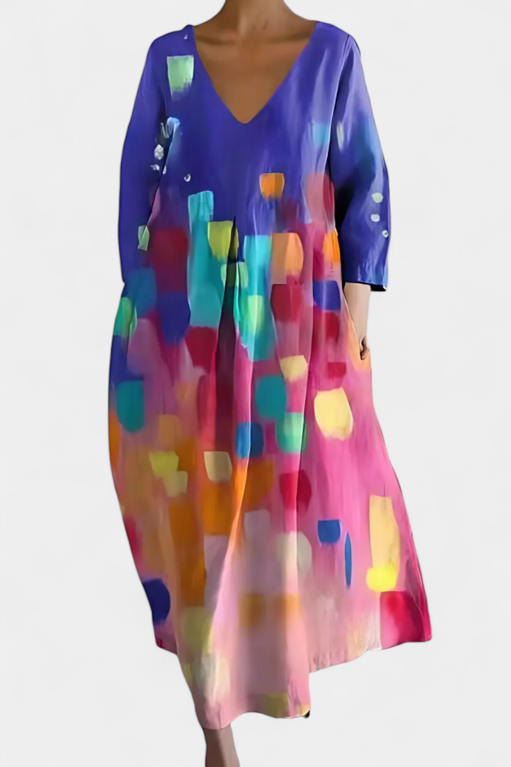Comfortable V-Neck Dress for Women Abstract-Print Tiered