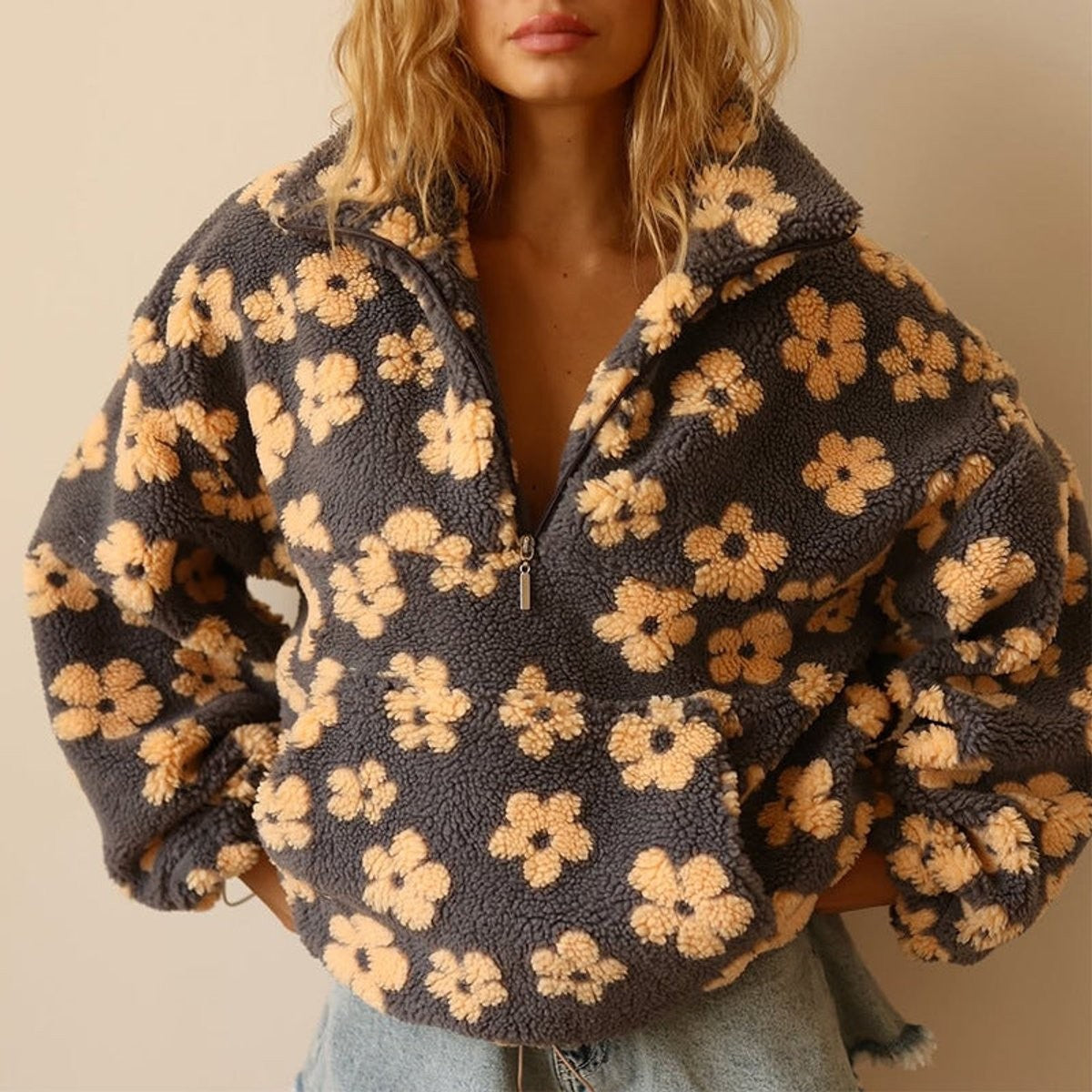 fleecejacke-damen-blumenprint-half-zip