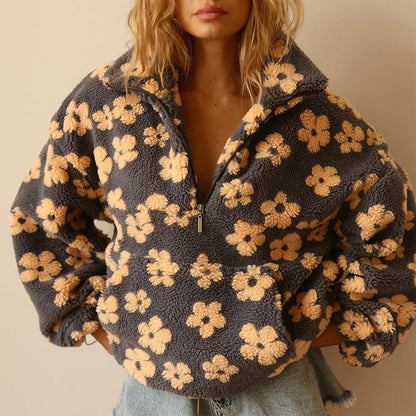 fleecejacke-damen-blumenprint-half-zip