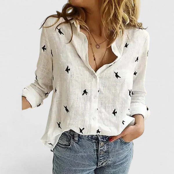 Elegant Blouse for Women Floral-Print Button-Front Long-Sleeve