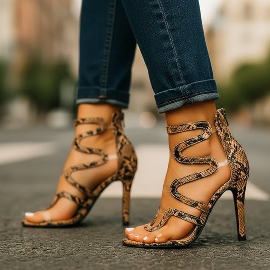 Stylish Stiletto Heels for Women Snake-Print Strappy Ankle-Wrap