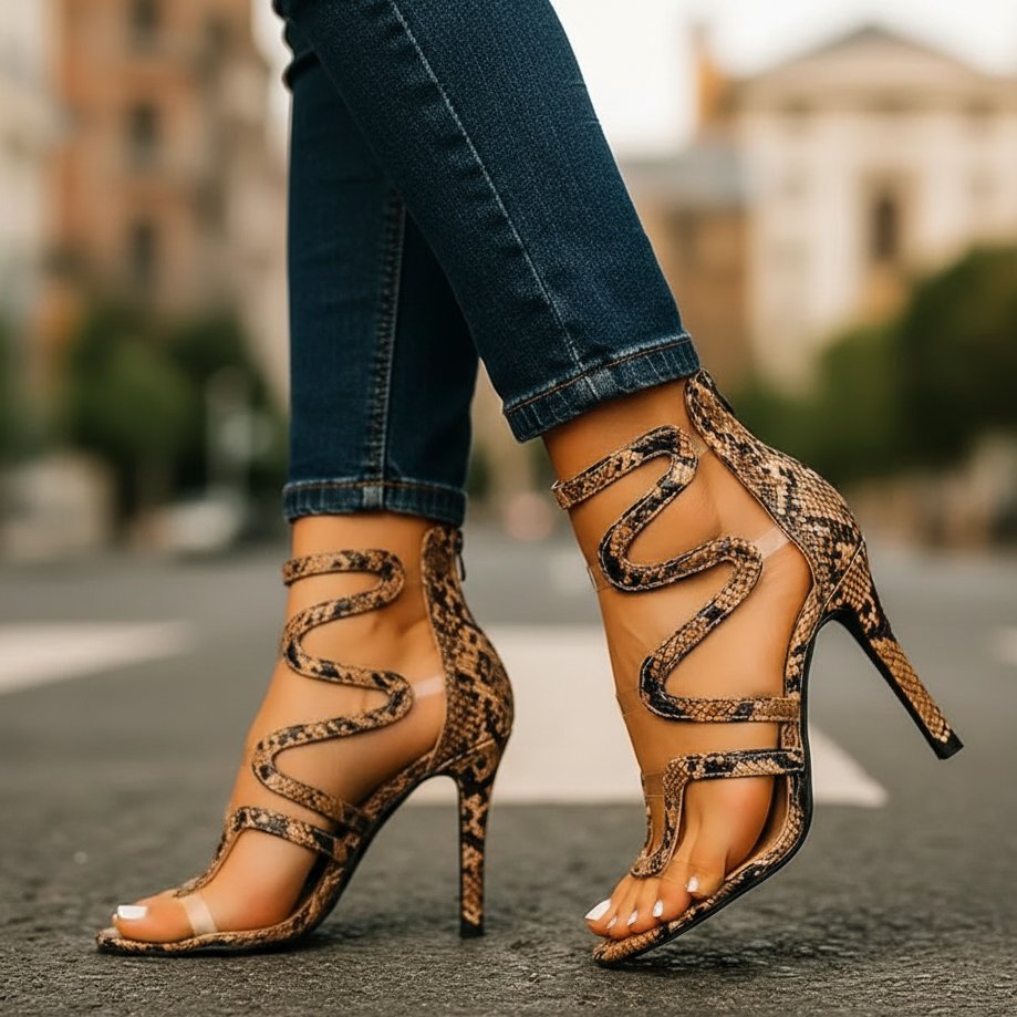Stylish Stiletto Heels for Women Snake-Print Strappy Ankle-Wrap