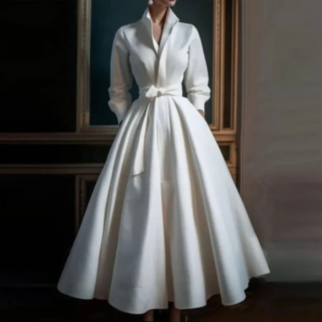 Elegant A-Line Midi Dress for Women V-Neck Long-Sleeve