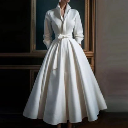 Elegant A-Line Midi Dress for Women V-Neck Long-Sleeve