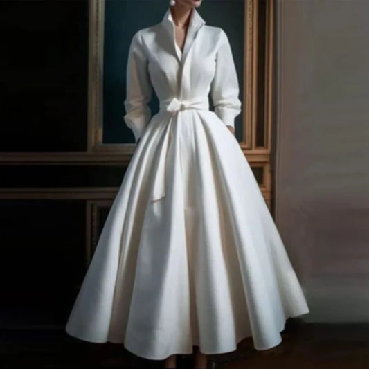 Elegant A-Line Midi Dress for Women V-Neck Long-Sleeve