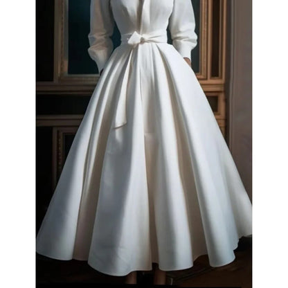 Elegant A-Line Midi Dress for Women V-Neck Long-Sleeve