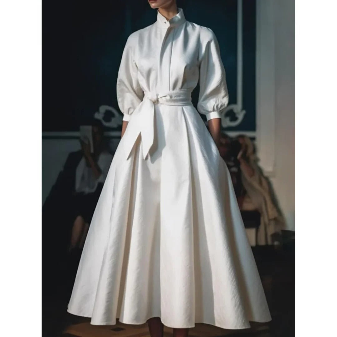 Elegant A-Line Midi Dress for Women V-Neck Long-Sleeve
