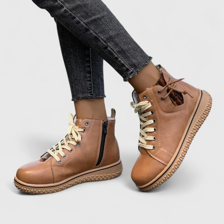 Comfortable Ankle Boots for Women Lace-Up Leather Round-Toe