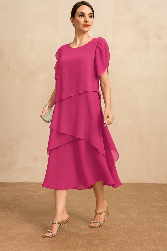 Elegant Midi Dress for Women Tiered Short-Sleeve