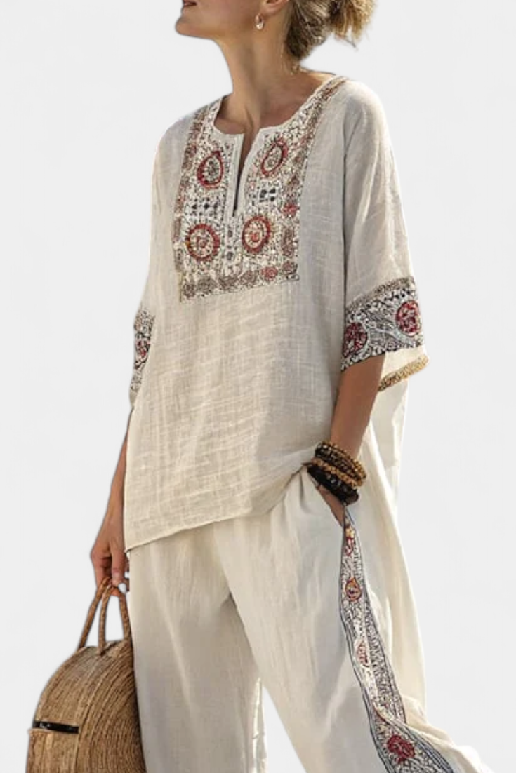 Stylish Two-Piece Set for Women Embroidered Wide-Leg