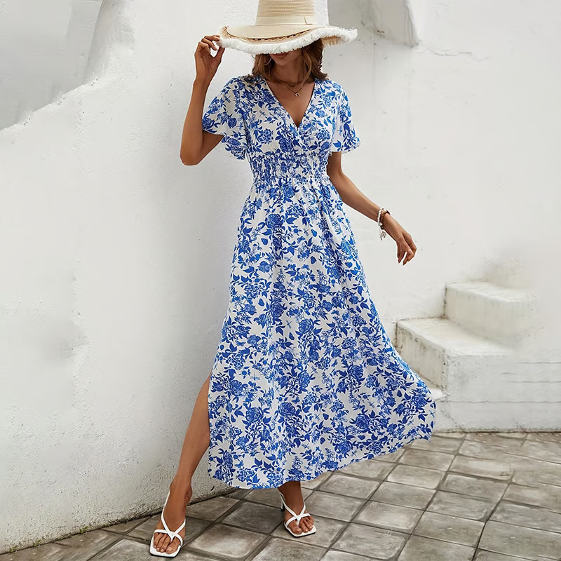 Effortless Floral Maxi Dress for Women V-Neck Short-Sleeve — Blue White