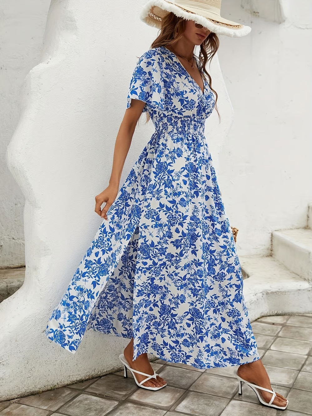 Effortless Floral Maxi Dress for Women V-Neck Short-Sleeve — Blue White