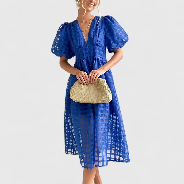 Elegant Midi Dress for Women V-Neck Puff-Sleeve Sheer-Check