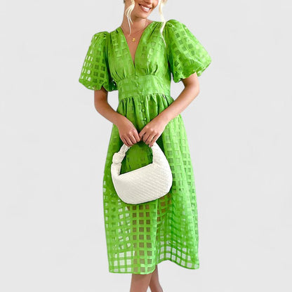 Elegant Midi Dress for Women V-Neck Puff-Sleeve Sheer-Check